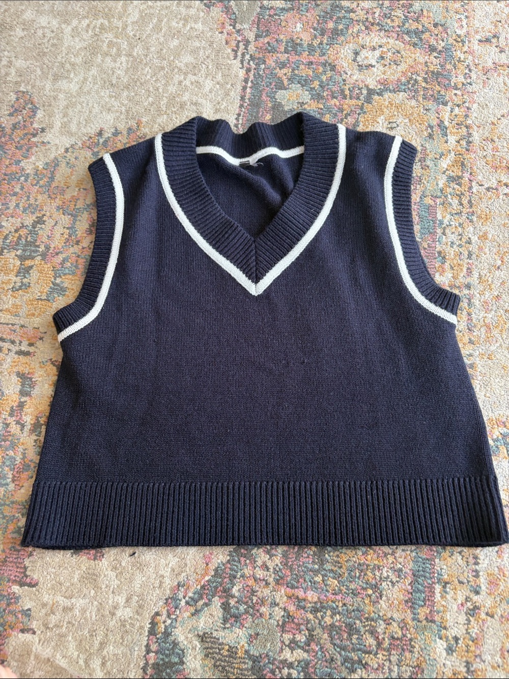 Navy Knit Sleeveless V-Neck Sweater Vest with White Trim